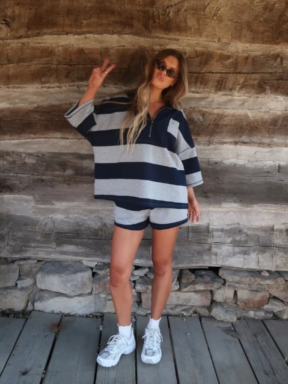Klesis Navy and Gray Striped Short Sleeve And Short Set Size Small